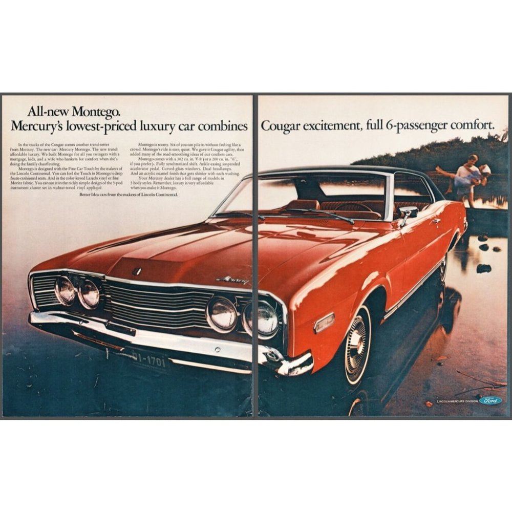 1968 Mercury Montego Hardtop 2 Page Vintage Print Ad Lake Forest Wall Art Decor